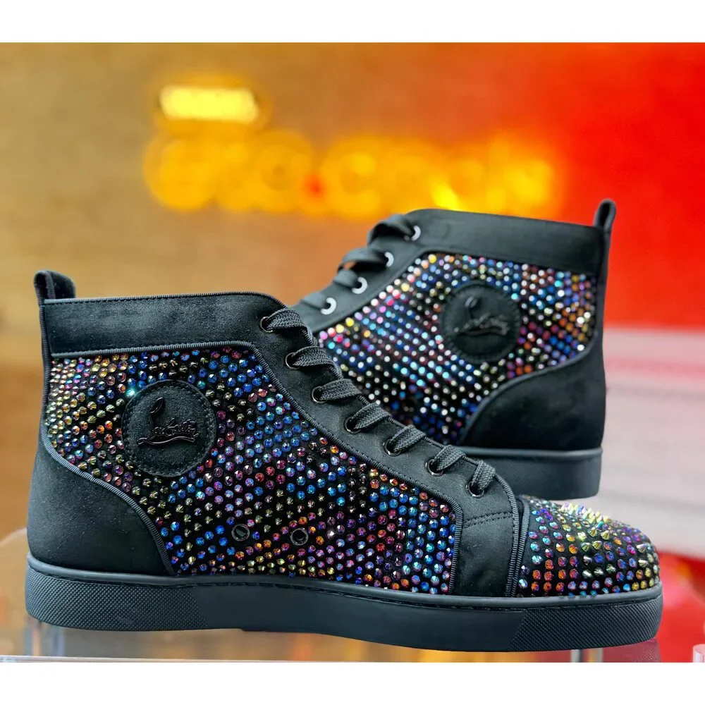Christian Louboutin Men’s High-Top Sneakers Black Multicolor Crystal Strass Spi